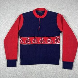 Vintage JC Penny Sweater Womens XL Blue Wool Blend 1/4 Zip Bicycles Novelty READ